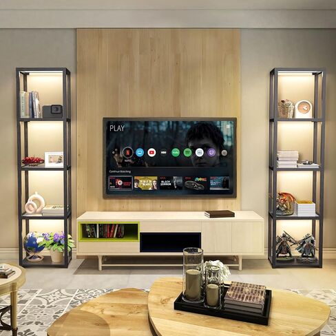 رف عرض زجاجي مقاس 67 بوصة من OUTON مع مصباح أرضي LED قابل للتعتيم، وخزانة عرض للمقتنيات مع جهاز تحكم عن بعد والتحكم في التطبيقات، ومصباح رف كتب مفتوح من 5 طبقات لغرفة المعيشة وغرفة النوم والمكتب وديكور المنزل، أسود in Kuwait