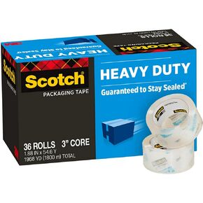 Scotch Heavy Duty Shipping Packing Tape, Clear, Holiday Shipping Supplies, 1.88 in. x 54.6 yd., 36 Tape Rolls