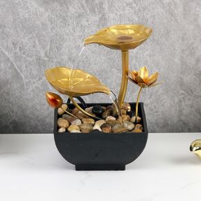 FADECOR 2-Tier Indoor Tabletop Fountain Gold Lotus Leaf Relaxation Fountains Waterfall Decoration Relaxation Water Fountain Includes Natural River Rocks and Light for Room Decoration