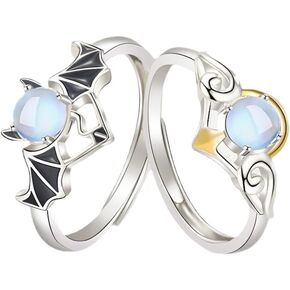 OIDIMS Angel Devil Matching Ring for Couple Promise Engagement Wedding Ring Open Band Sets for Him and Her Moonstone Jewelry Gift for Girlfriend Boyfriend Wife Husband Valentine's Day Anniversary