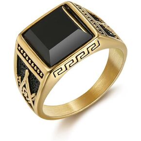 Vintage Black Stone Onyx Signet Ring for Men Boys,Antique Stainless Steel Gold-Plated Ring Freemasonry Masonic Agate Pinky Ring Titanium Steel Ring Gemstone Signet Unique Fashion Biker Jewelry