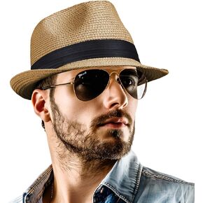 Straw Fedora Hat for Women Men Packable Short Brim Roll Up Trilby Hat Panama Summer Beach Sun Hat UPF 50+ in Kuwait