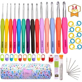 YOKER Crochet Hooks Set, 14 Sizes 2mm(B)-10mm(N) Ergonomic Crochet Needles with Case for Arthritic Hands, Extra Long Crochet Kit