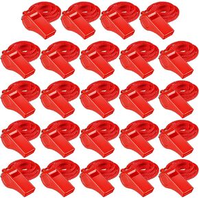 Deekin 24 Pcs Whistles for Coaches Red Plastic Whistle with Lanyard Bulk Sports Whistles Loud Crisp Sound for Referee Whistle Training Soccer, Self Defense and Emergency