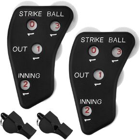 2PCS Baseball Umpire Clicker with 2PCS Referee Whistles, 4 Wheels Baseball Indicator Umpire Not Easy to Slide Counter for Softball Coach Umpire Scorekeeper Recording Outs & Innings Balls (Black)