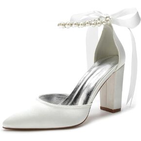 Women's Pearl White Wedding Shoes for Bride High Heels Pointed Toe Bridal Shoes Satin Block Heels Prom Party Dress Pumps Sandals