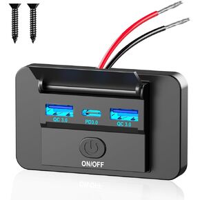 72W 12V USB Outlet Panel Wall Mount, 36W USB C and Dual QC 3.0 18W Car USB Port Charger Socket with Button Switch, Waterproof 3 USB Multi Port Power Outlet DIY 12V Accessories for Car Bus RV Truck