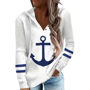 Women's Tops Anchor Print Button Hoodie Casual Long Sleeve Drawstring Hoodies Sweatshirt