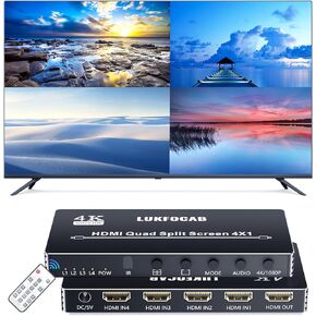 LUKFOCAB HDMI Multi-Viewer 4X1, Seamless Switcher 4 in 1 Out, Quad Multi Viewer Switcher with IR Remote, Supports 4K 30Hz, 5 Display Modes for Security Camera, Gaming Consoles