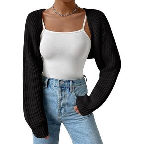 Women's Long Sleeve Open Front Knitted Crop Cardigan Drop Shoulder Knit Bolero Shrug Sweater
