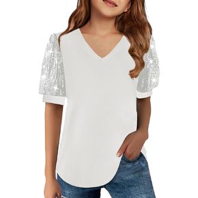 Haloumoning Girls Sequin Puff Short Sleeve Tunic Tops Kids Casual Loose V Neck Summer T Shirts Blouse 5-14 Years