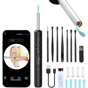 Ear Wax Removal Kit 1080P HD with Camera, Visual Otoscope Ear Wax Removal Tool with Light Ear Spoon 8 Pcs Ear Set, Wireless Ear Cleaning Earwax Cleaner for iOS and Android Phones (Black)