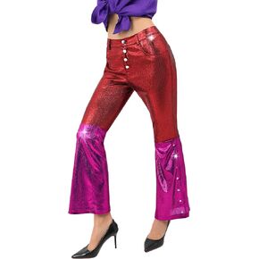 C-ZOFEK Disco Metallic Pants Women Bell Bottoms Stretchy Sequin Dance Party Costume 70s 80s