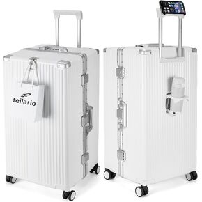 feilario 22in Aluminum Frame Hardside Spinner Wheels Luggage, Zipperless Checked Super Large Captain Suitcase with Cup Holder/Phone Holder