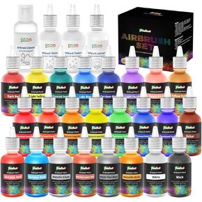 FOODHOO Airbrush Paint 24 Colors, Water Based Airbrushing Paint, Acrylic Paints for Airbrush with 2 Thinner, 1 Lubricant and 1 Cleaner, Bright Air Brush Paint for Metal, Models, Canvas, Wood, 30ml
