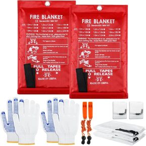 Copkim 4 Sets Emergency Fire Blanket for Home Fire Suppression Blanket Thermal Blanket Fire Blankets with Emergency Whistles, Hooks and Gloves for Kitchen, Fireplace, Car, Office, 39.3" x 39.3" in Kuwait