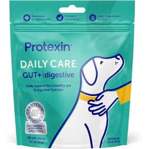 Protexin Daily Care Gut+ Digestive، 60 قطعة مضغ مكملة للبروبيوتيك وما بعد الحيوية للكلاب - بنكهة الدجاج والخروب