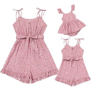 AWIBMK Mommy and Me Outfit Floral Tie Strap Family Matching Jumpsuit Romper Sleeveless Summer Clothes for Mother and Daughter