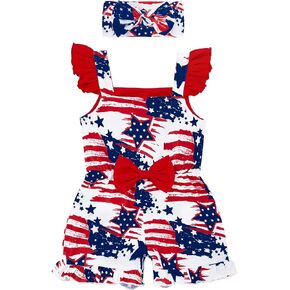 AGAPENG 4th of July Toddler Baby Girl Clothes Ruffle Sleeve Stars Stripes One Piece Romper Bow-Knot Jumpsuit with Headband