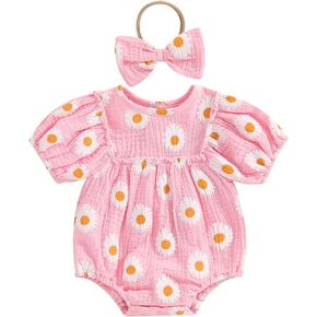 Lesimsam Newborn Infant Baby Girl Clothes Daisy Short Sleeve Smocked Bubble Romper Bodysuit with Headband Cute Summer Outfit