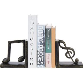 MyGift Tabletop Decorative Bookends, Elegant Brown Resin L-Shaped Desktop Book End Holders with Sculpted Musical Notes, 2 Piece Set