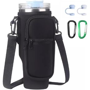 Water Bottle Carrier Bag for Stanley 40/30 oz Tumbler Neoprene Water Bottle Holder Pouch with Phone Pocket Adjustable Strap Bollus with Straw Cover & Carabiner for Stanley Cup Accessories
