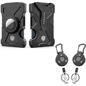 Oaridey AirTag Metal Wallet (No Airtag) with Money Clip and 2 Pack Retractable Keychain Heavy Duty - Black