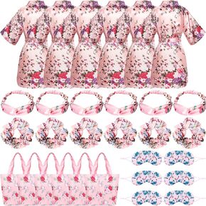 Spa Party Supplies for Teen Satin Robe Bathrobe Silk Pink Kimono Slumber Robe for Spa Birthday Sleepover Party 6 Sets