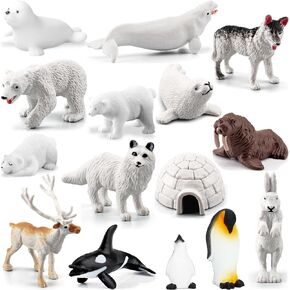 ONEST 15 Pieces Mini Arctic Animals Toys Set Polar Animal Figurines Plastic Arctic Tundra Deer Toy Animal Small White Bear Arctic Fox for Kids Birthday GIF