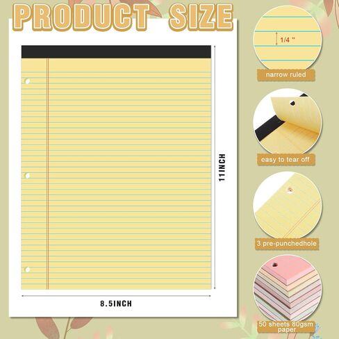 Fuutreo 12 Pcs 8.5'' x 11'' Colored Legal Pad 3 Hole Punched Writing Pads Narrow Ruled 50 Sheets Per Notepad Micro Perforated Writing Pad Note Pads Office Supplies (Bright Colors) in Saudi Arabia