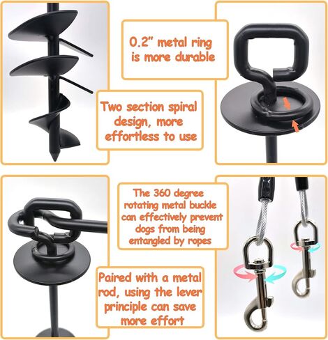 كابل ربط الكلاب بطول 30 قدم من NEECONG، حصة كلب شديدة التحمل لساحة حديقة الشاطئ بالخارج مع شفرة حلزونية مزدوجة، أقوى مرساة للكلاب تحمل أكثر من 120 رطلًا (مع فرشاة، وحقيبة تخزين) in Kuwait
