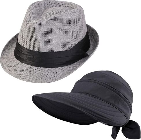 Simplicity 2in1 Beach Visor Hat Black and Straw Fedora Hat Grey in Saudi Arabia
