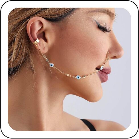 Zeshimb Punk Fake Nose Ring Hoop Ethnic Nose Rings with Chain Tassel Non-Piercing Gold Sequins Nose to Ear Chain Jewelry Indian Nose Ring Studs Nostril Body Accessories for Women Girls in Saudi Arabia