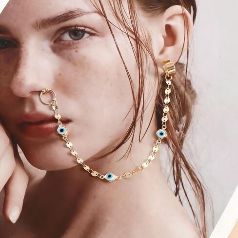Zeshimb Punk Fake Nose Ring Hoop Ethnic Nose Rings with Chain Tassel Non-Piercing Gold Sequins Nose to Ear Chain Jewelry Indian Nose Ring Studs Nostril Body Accessories for Women Girls in Saudi Arabia