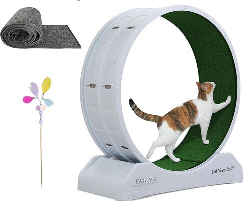عجلة الجري Buuvu Cat - تصميم صامت، سهلة التركيب - جهاز سير داخلي متين للقطط للياقة البدنية والصحة مع لعبة وسجادات مضادة للانزلاق - حجم كبير، رمادي، 31.5 in Kuwait