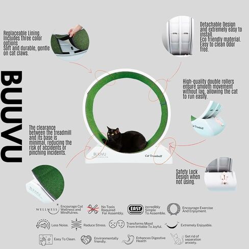 عجلة الجري Buuvu Cat - تصميم صامت، سهلة التركيب - جهاز سير داخلي متين للقطط للياقة البدنية والصحة مع لعبة وسجادات مضادة للانزلاق - حجم كبير، رمادي، 31.5 in Kuwait