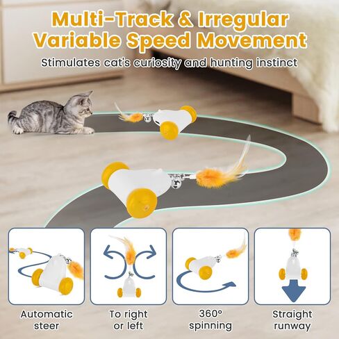 PETTOM Interactive Cat Toys for Indoor Cats, 2 Speeds with Colorful LED Light, Run Irregularly, USB Rechargeable Automatic Moving Indoor Cat Toys Adult with 3 Feather Accessories, Kitten Toys in Kuwait