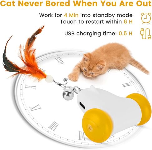 PETTOM Interactive Cat Toys for Indoor Cats, 2 Speeds with Colorful LED Light, Run Irregularly, USB Rechargeable Automatic Moving Indoor Cat Toys Adult with 3 Feather Accessories, Kitten Toys in Kuwait