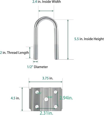 Azuvis Trailer U Bolt Kit, 5-1/2 inch U Bolt for 3,500 lb Trailer Axle, 1/2" Diameter, 2" Thread Pitch,2-3/8" Round Axle in Saudi Arabia