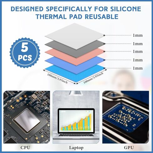 Jingmore 5 Pcs Thermal Pad 100 x 100 x 1.0 mm Heat Resistant Silicone Thermal Pads, Thermal Conductivity 6.0 W/mK, for Laptop Heatsink SSD CPU GPU IC LED Cooler, Pink Blue White Gray Light Blue in Saudi Arabia
