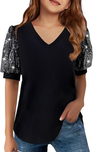 Haloumoning Girls Sequin Puff Short Sleeve Tunic Tops Kids Casual Loose V Neck Summer T Shirts Blouse 5-14 Years in Saudi Arabia