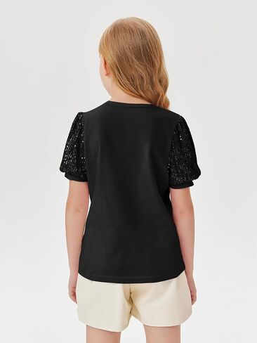 Haloumoning Girls Sequin Puff Short Sleeve Tunic Tops Kids Casual Loose V Neck Summer T Shirts Blouse 5-14 Years in Saudi Arabia