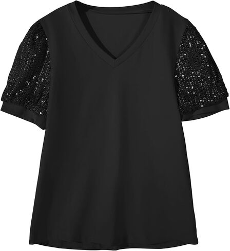 Haloumoning Girls Sequin Puff Short Sleeve Tunic Tops Kids Casual Loose V Neck Summer T Shirts Blouse 5-14 Years in Saudi Arabia