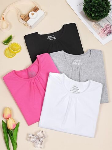 قمصان Poroka مكونة من 4 قطع من القطن بأكمام قصيرة وأكمام منتفخة للأطفال البنات ورقبة دائرية وأكمام قصيرة للأطفال in Kuwait