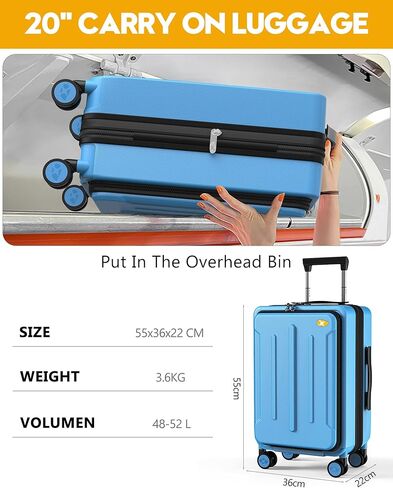 حقيبة حمل MGOB - حقيبة صلبة بعجلات دوارة وقفل TSA، معتمدة من شركة الطيران للرجال والنساء (Blue-G3، حقيبة محمولة مقاس 20 بوصة) in Kuwait