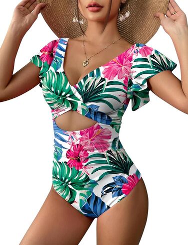 AI'MAGE Women's Ruffle One Piece Swimsuit V Neck Tummy Control Bathing Suits Cutout Backless Swimwear in Kuwait