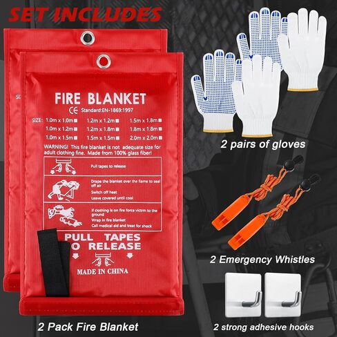 Copkim 4 مجموعات بطانية حريق الطوارئ للمنزل، بطانية إخماد الحرائق، بطانية حرارية، بطانيات حريق مع صفارات الطوارئ، وخطافات وقفازات للمطبخ، الموقد، السيارة، المكتب، 39.3 بوصة × 39.3 بوصة in Kuwait