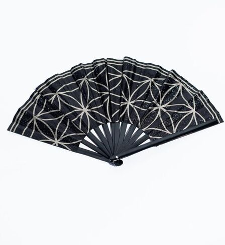 Large Glitter Flower of Life Folding Clack Hand Fan with HOLSTER for Women/Men Rave, EDM, Festival, Drag, Clubs, Bachelorette Parties (Black/Gold Glitter) in Kuwait