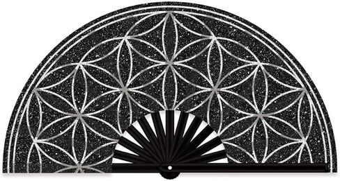Large Glitter Flower of Life Folding Clack Hand Fan with HOLSTER for Women/Men Rave, EDM, Festival, Drag, Clubs, Bachelorette Parties (Black/Gold Glitter) in Kuwait