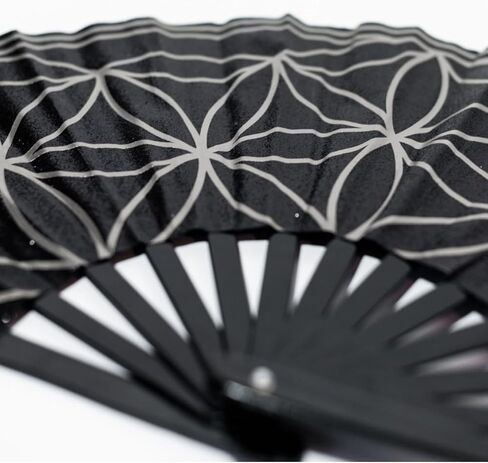 Large Glitter Flower of Life Folding Clack Hand Fan with HOLSTER for Women/Men Rave, EDM, Festival, Drag, Clubs, Bachelorette Parties (Black/Gold Glitter) in Kuwait
